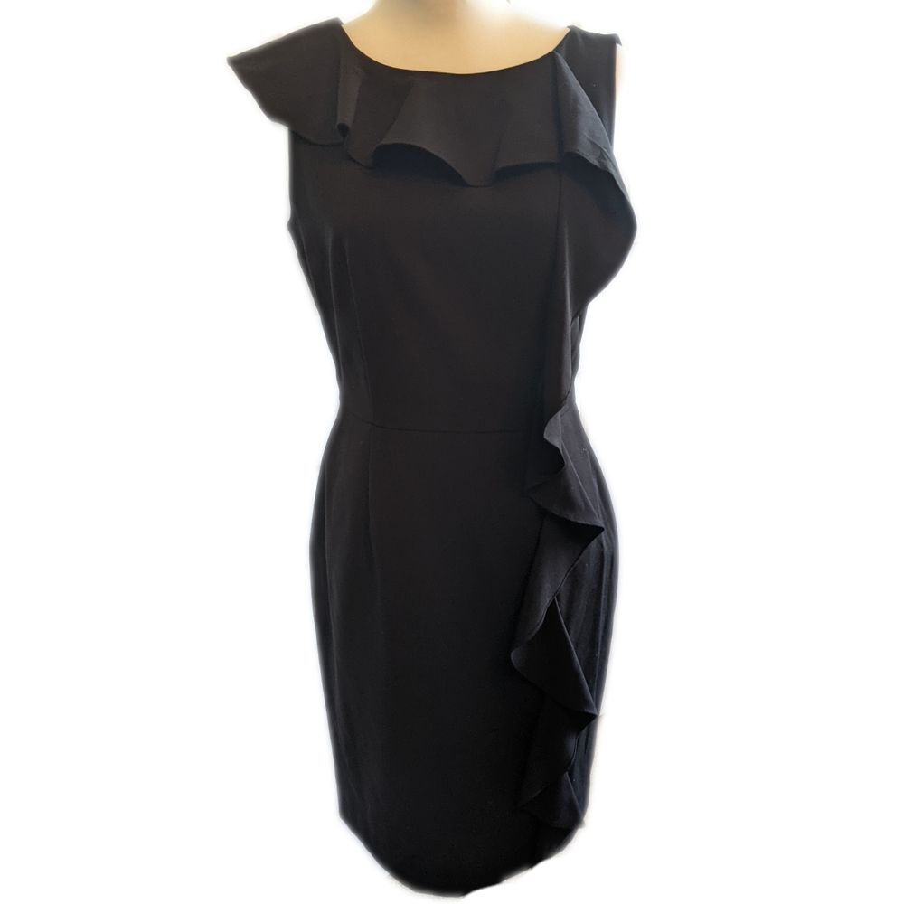 Calvin Klein black sleeveless sheath dress w/ ruffle front, little black dress 6